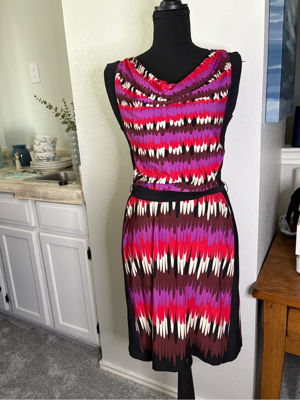 Bisou Bisou Sleeveless Cowl Neck Patterned Dress in Pink, Purple & Red